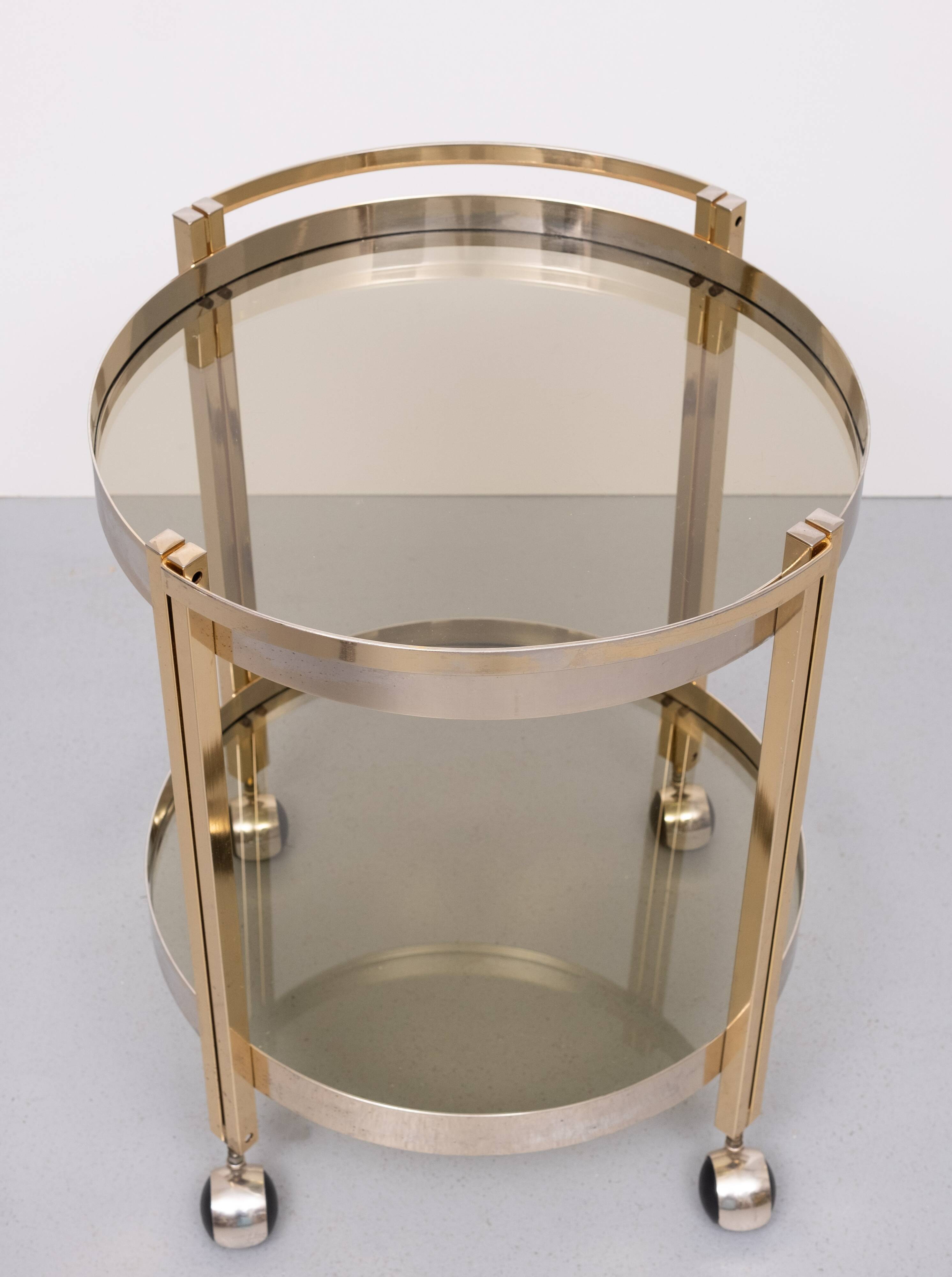 Hollywood Regency round Brass and Nickel Serving trolley 1970s