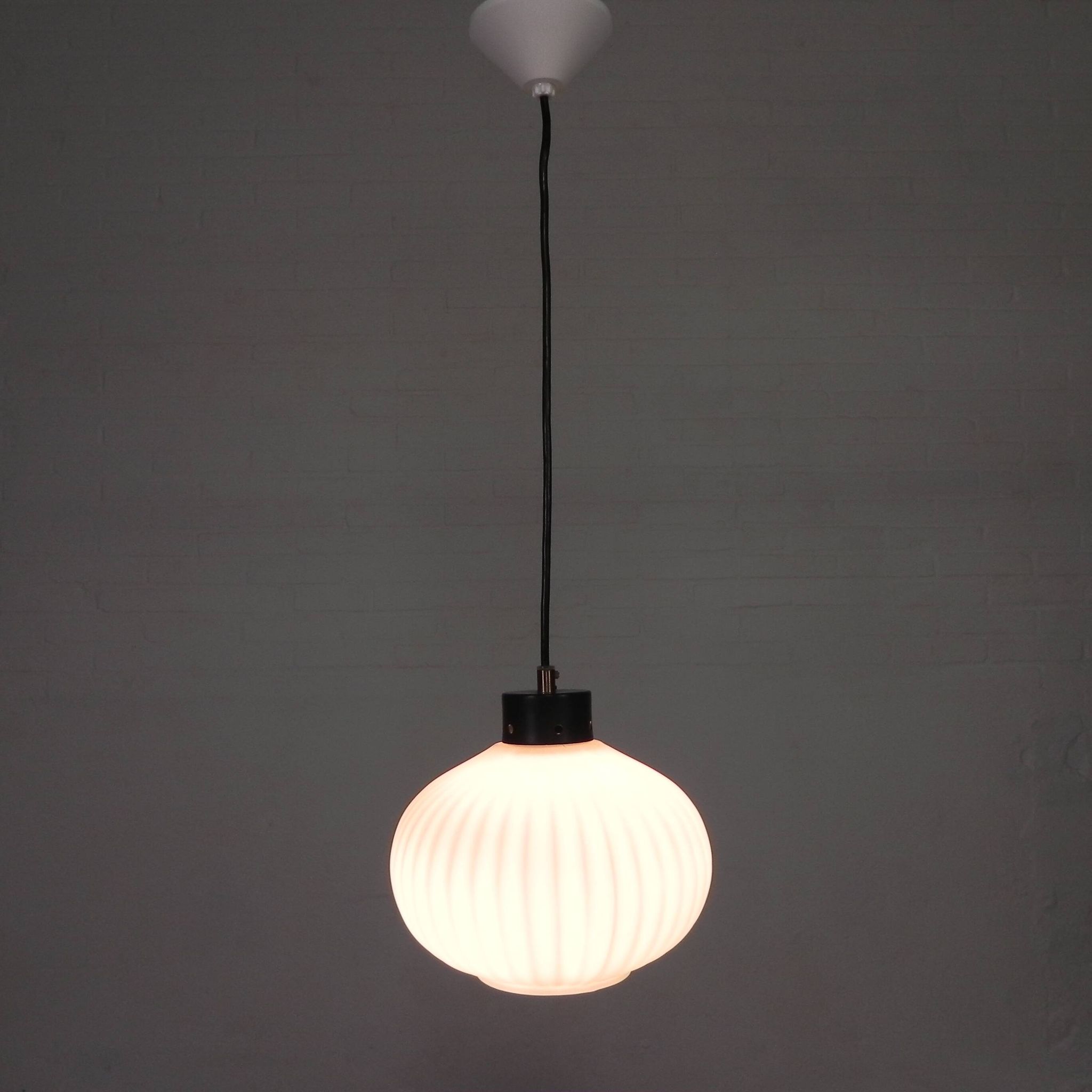 Vintage pendant lamp with white ribbed glass ball, 1960s
