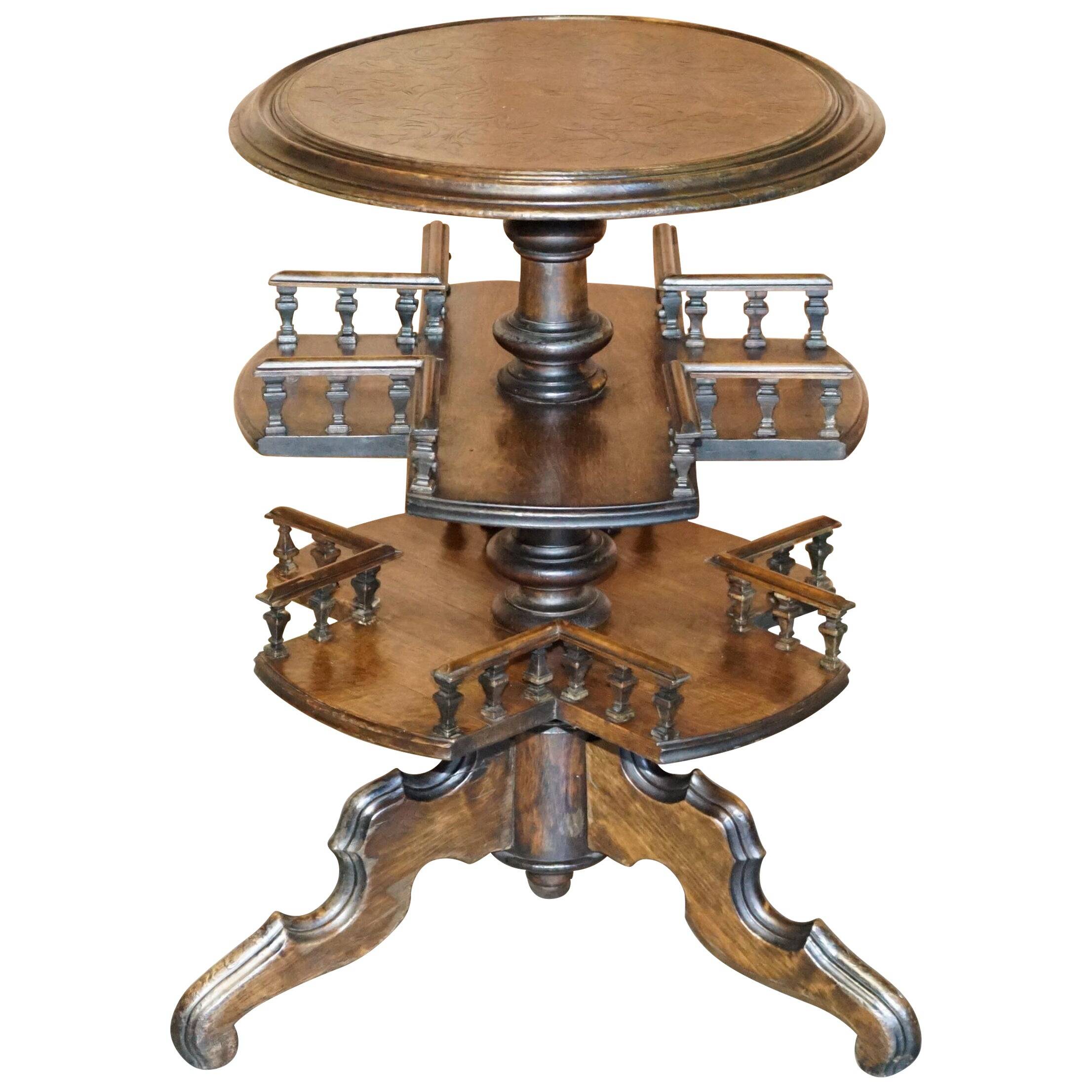 Victorian oak library table, two levels, pokerwork top.