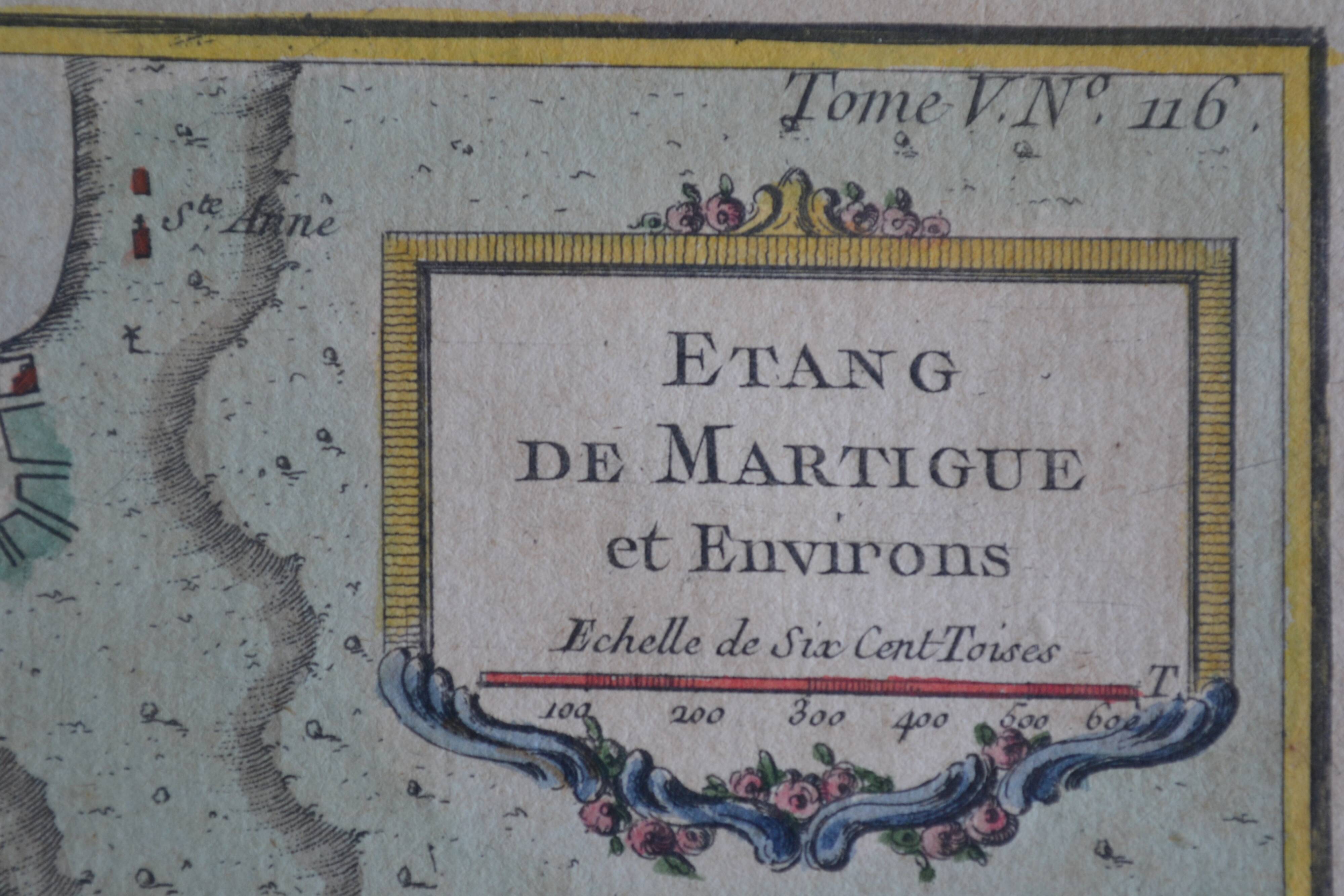 Martigues pond Old geographical map 18th century engraving 1764 by Bellin