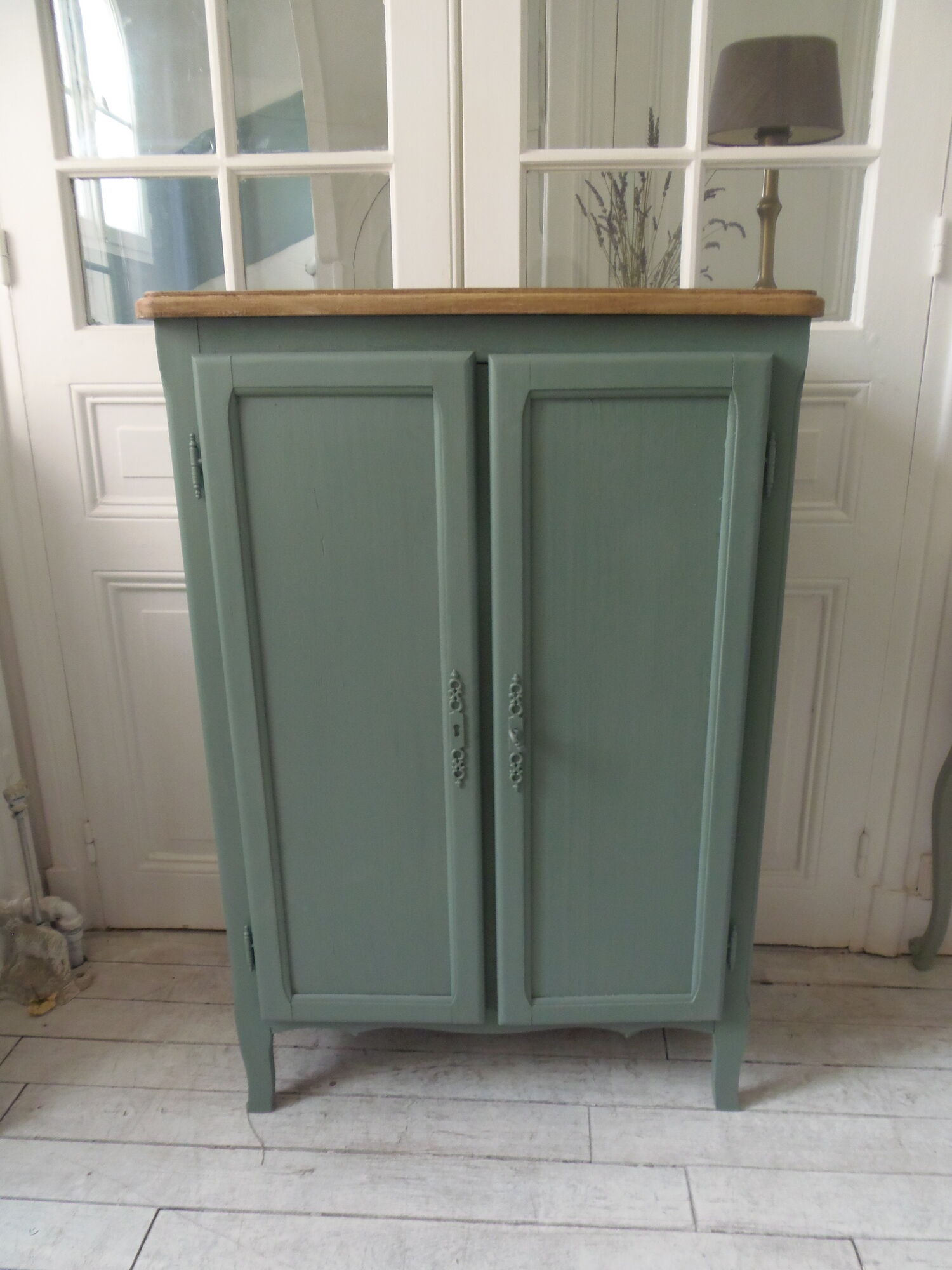 Vintage shoe cabinet smoked green wax finish, wooden top.