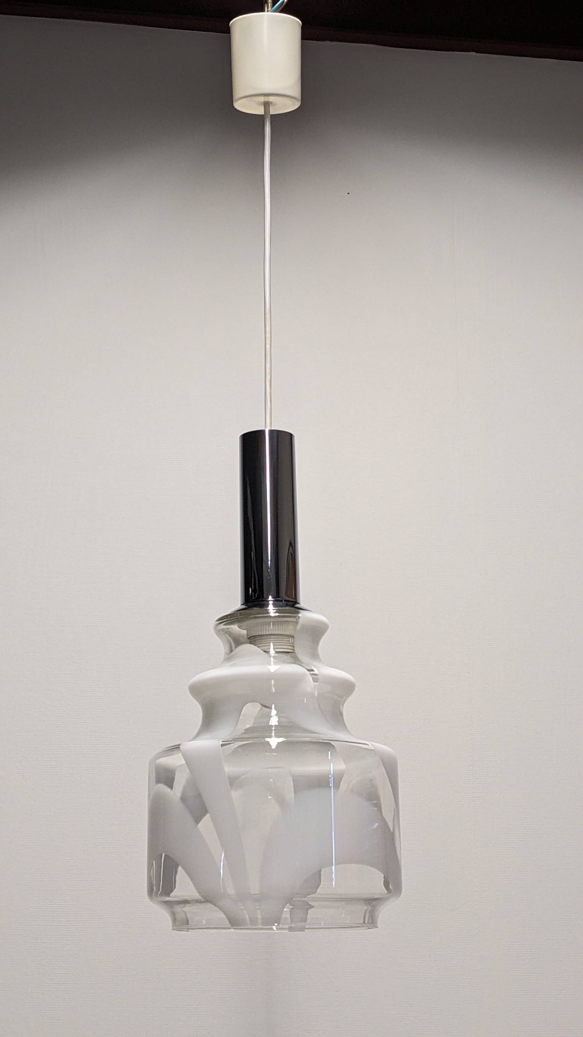 Murano white harlequin blown glass pendant light, Italy circa 1970