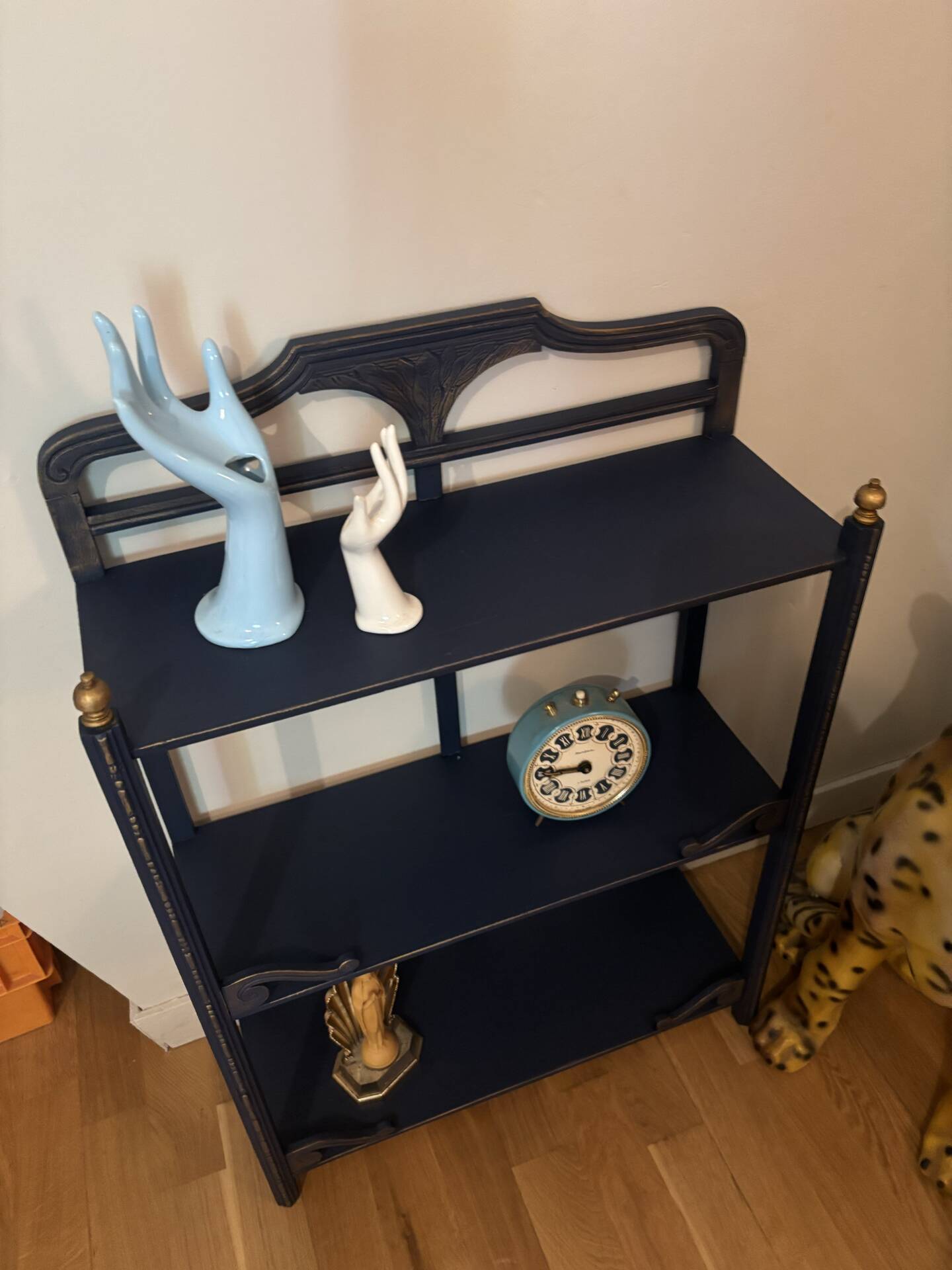 Small vintage shelf reimagined in midnight blue & gold, curiosity cabinet.