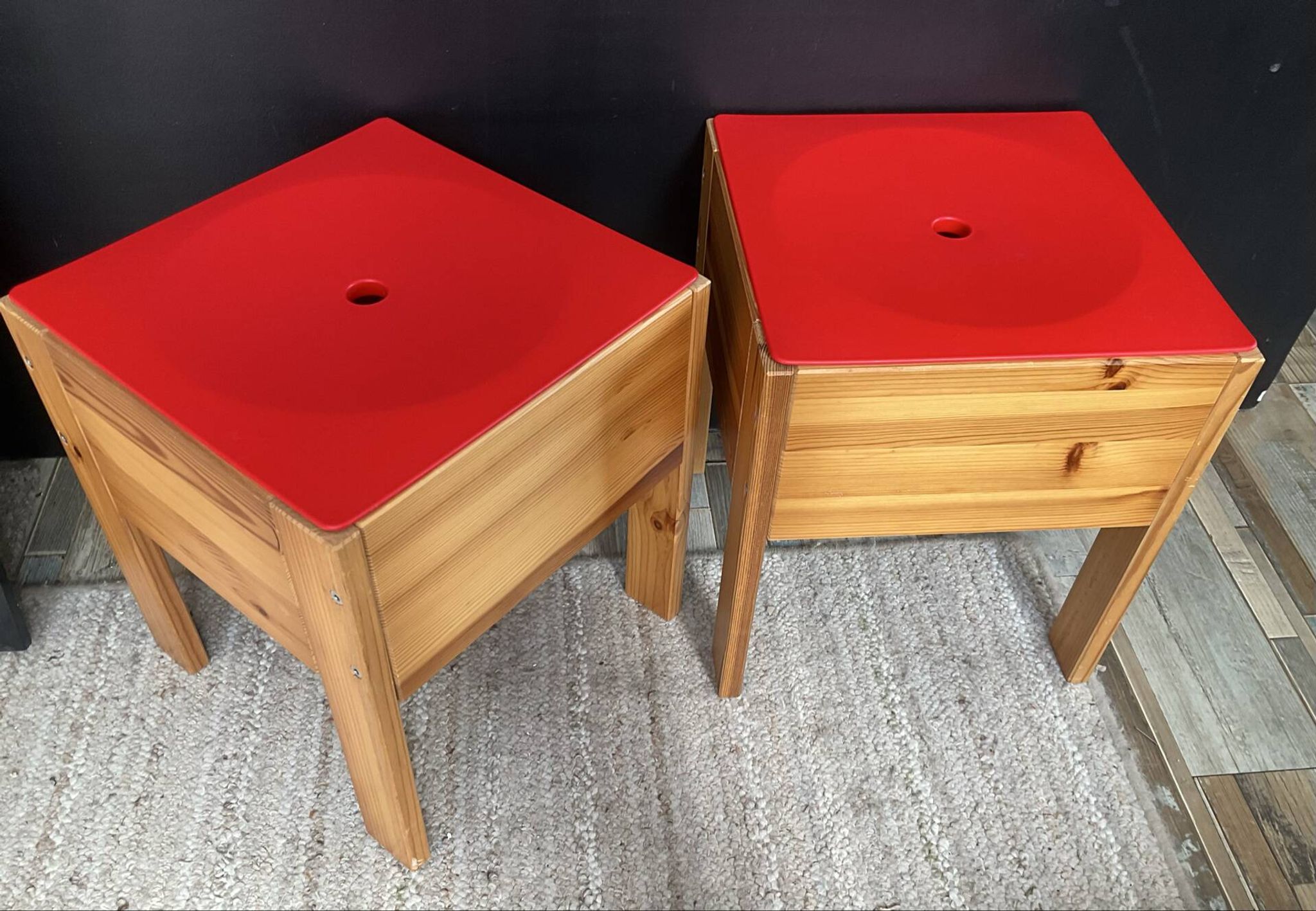 Pair of vintage IKEA pine solid wood stool chests.