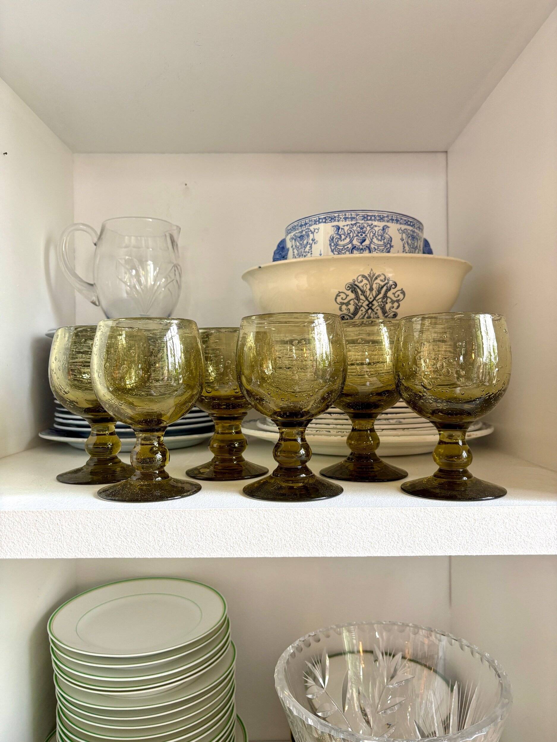 6 stemmed glasses in green blown glass