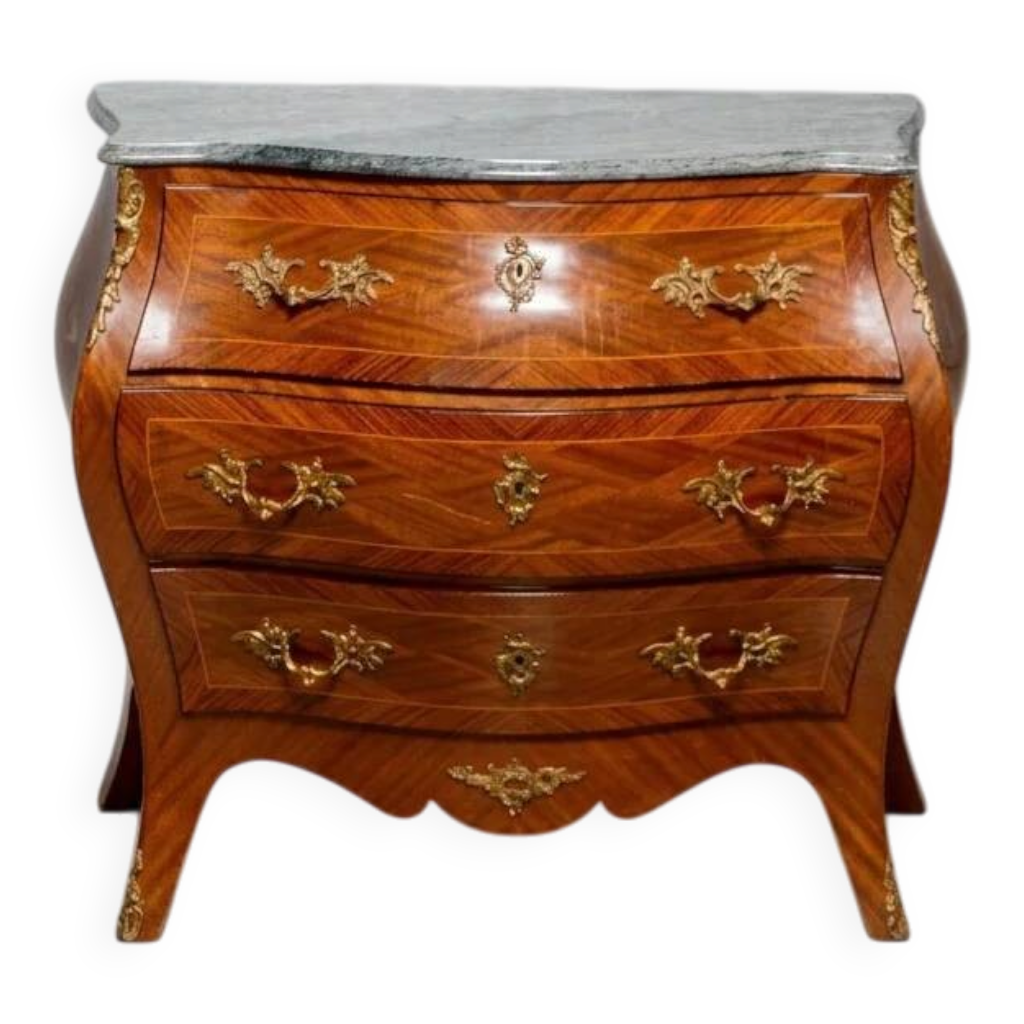 Curved Louis XV style vintage commode in marquetry - stone top - 3 drawers