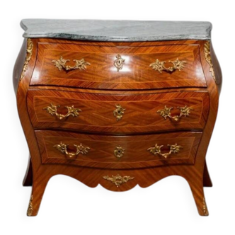 Curved Louis XV style vintage commode in marquetry - stone top - 3 drawers