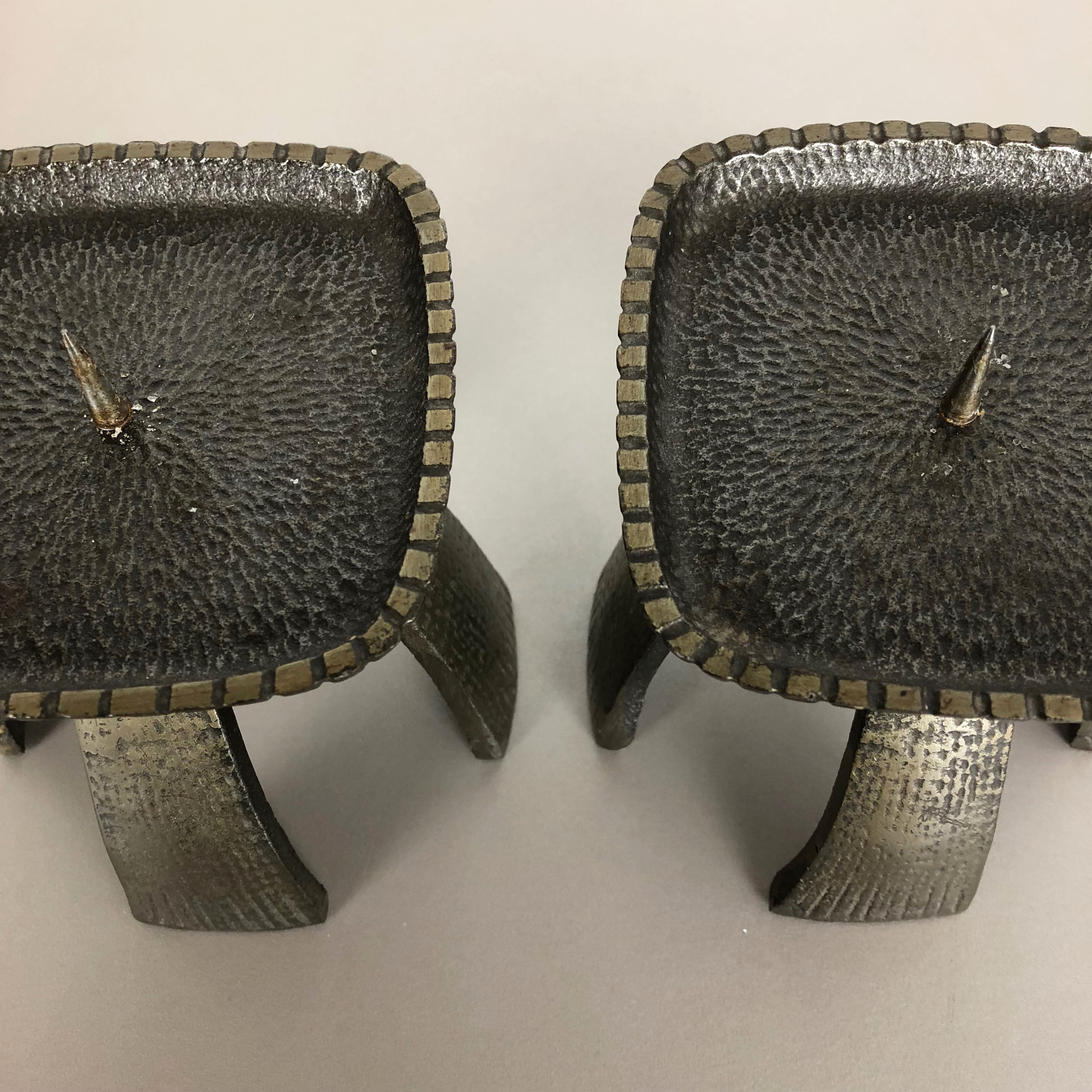 Set of 2 Modernist Vintage 1970s Sculptural Brutalist Metal Candleholder, France