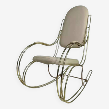 60s rocking chair in brass and ecru imitation leather