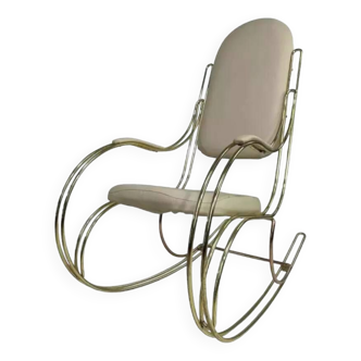 60s rocking chair in brass and ecru imitation leather
