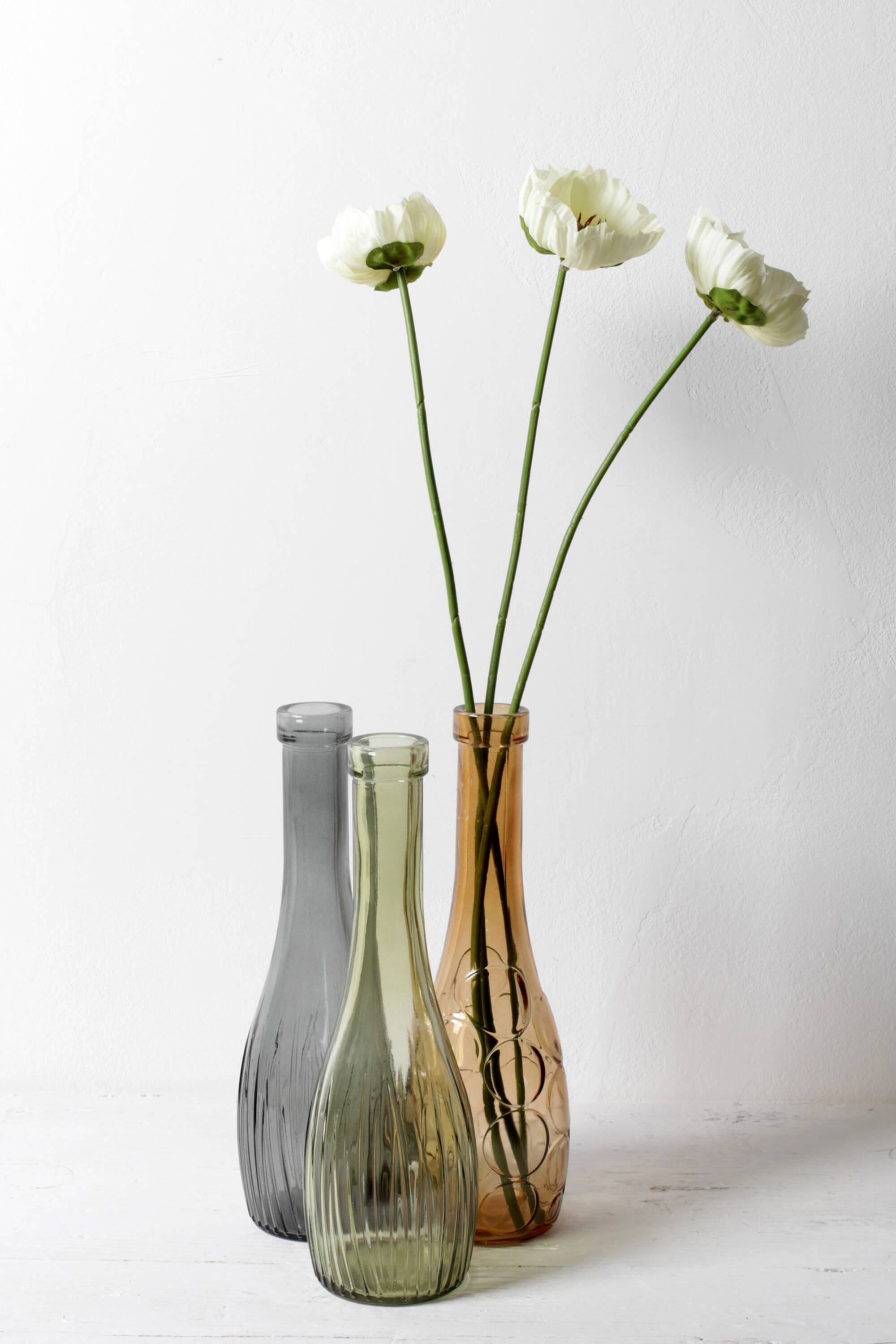 Set of 3 Grey, Green and Amber Glass Vases / Colored Bottles / Ikea / 2000s