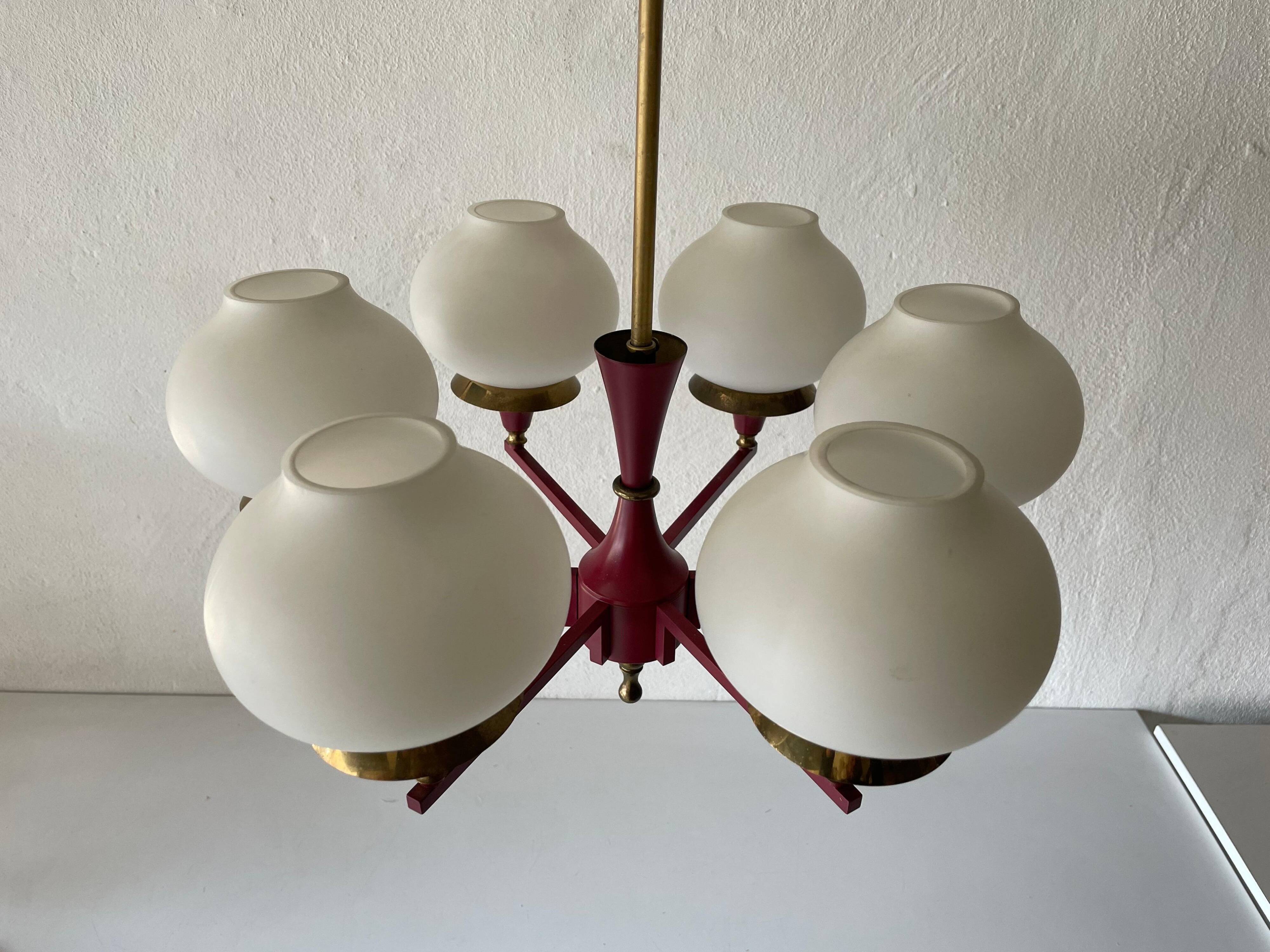 6 pendant lamps in glass and burgundy brass by Hans-Agne Jakobsson, 1960s, Sweden