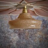 Rattan and Pink Linen Flower Pendant Light and Vintage Clichy Glass Globe