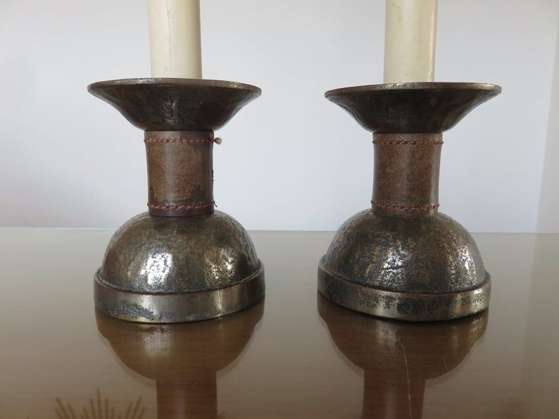 Pair of hammered raw steel and leather lamps 40 50s