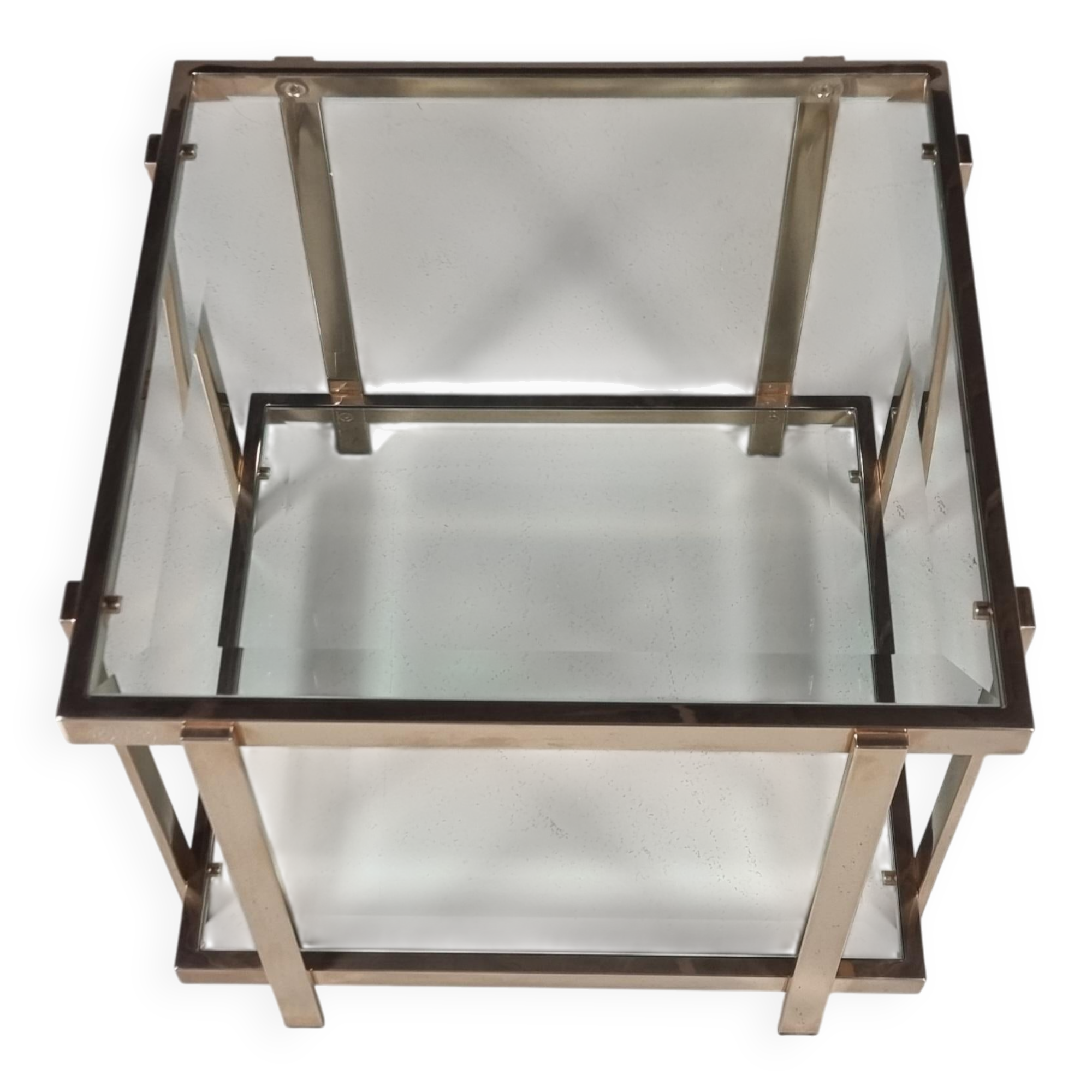 Square side table with two levels in modern Regency style, veneered in 23-carat gold by Belgo Chrom.