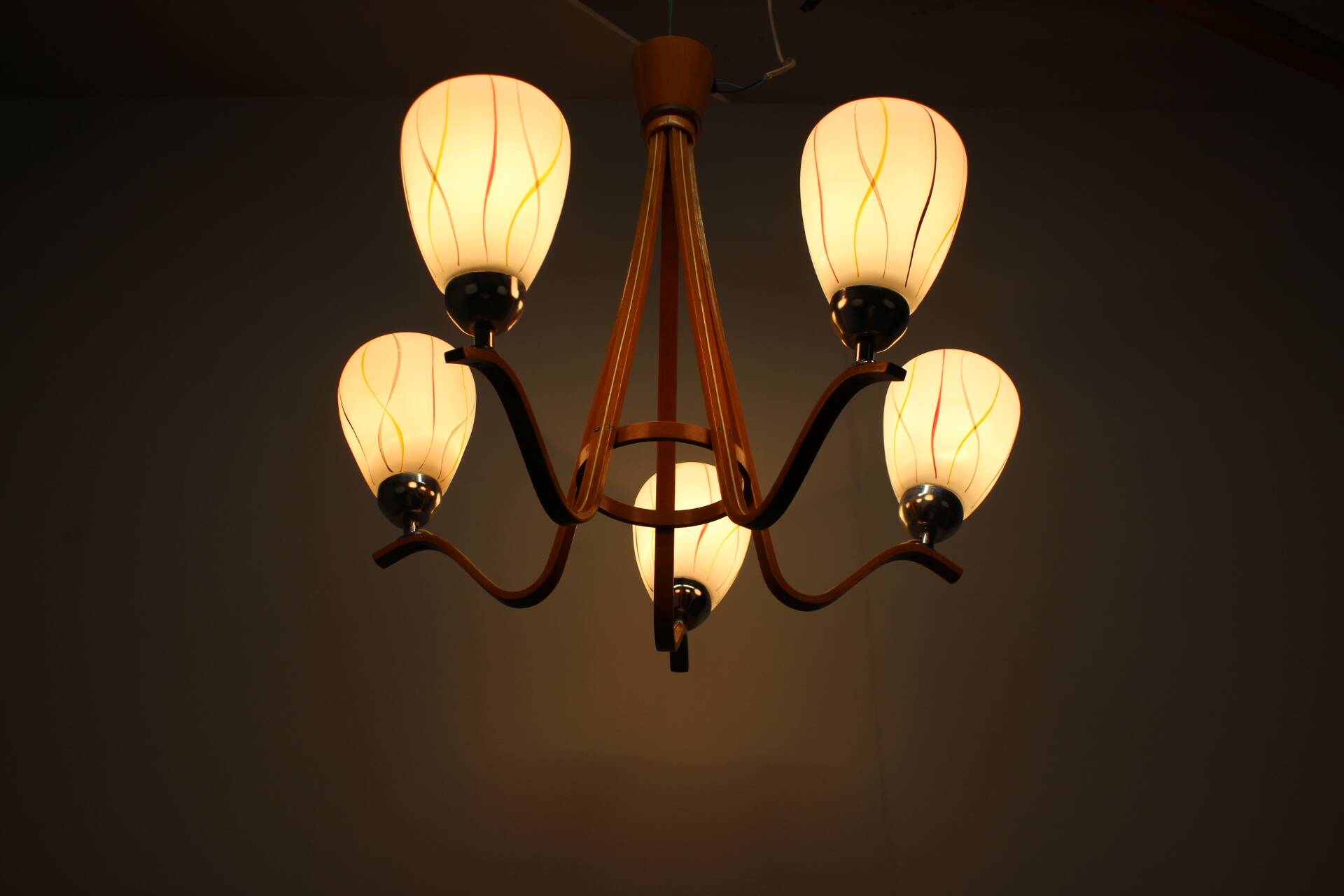 Mid-century wooden chandelier with glass shades, Czechoslovakia, 1970s.