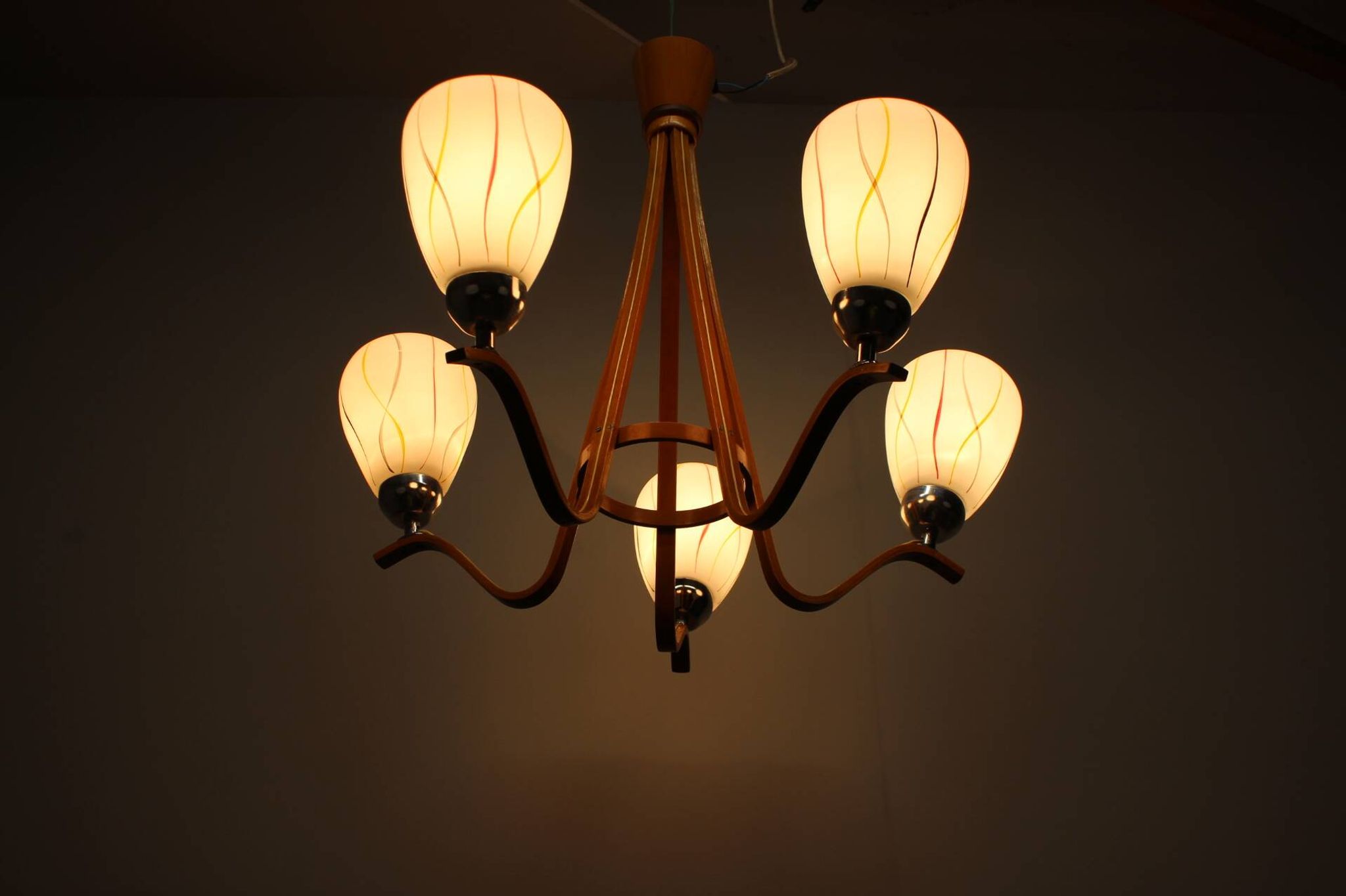 Mid-century wooden chandelier with glass shades, Czechoslovakia, 1970s.