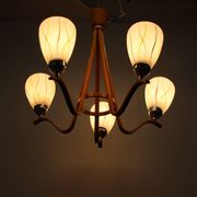 Mid-century wooden chandelier with glass shades, Czechoslovakia, 1970s.