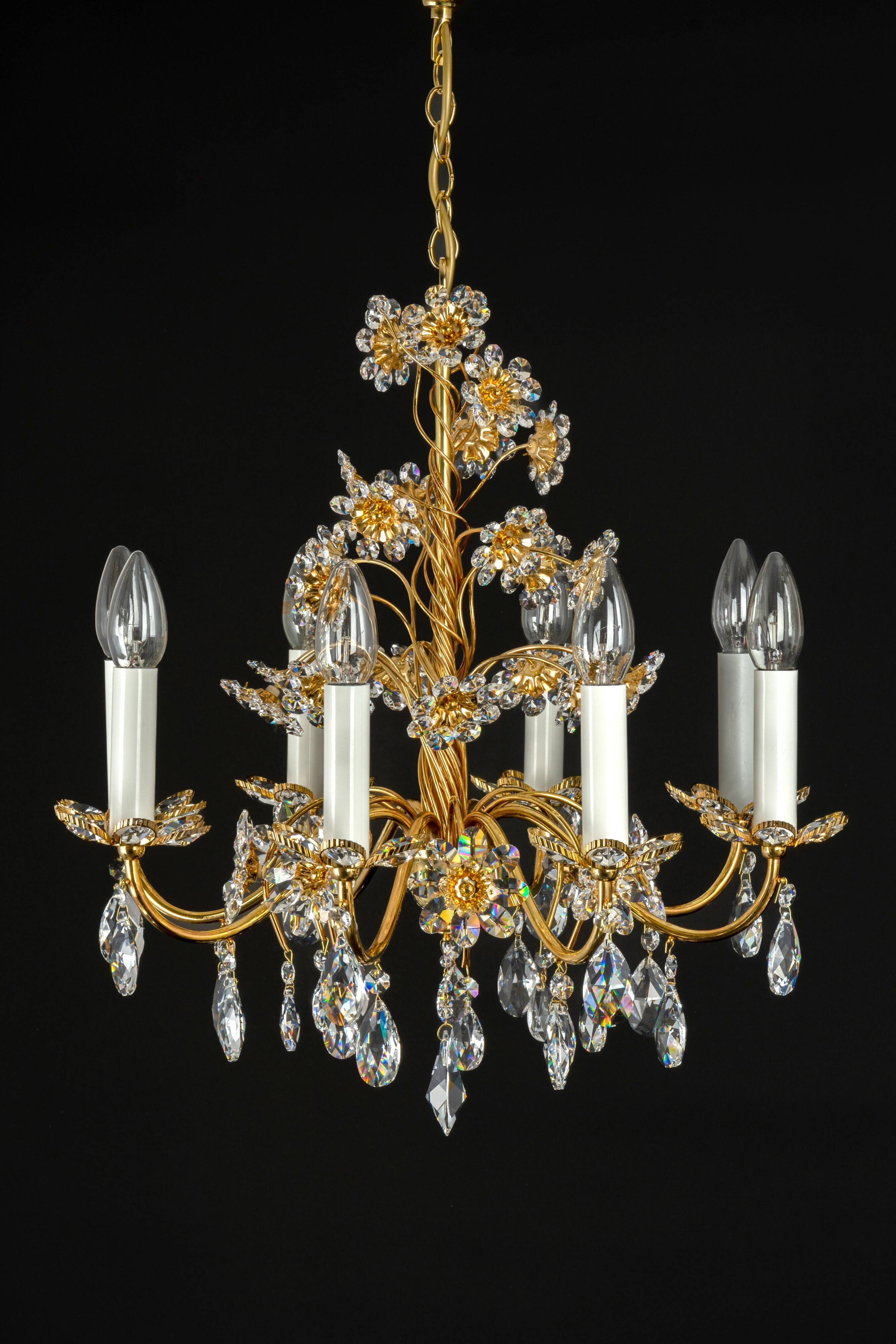 Large flower-shaped chandelier in gilded brass by Palwa, Germany, 1970s.