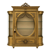 Vitrine antique française Louis XVI en bois doré avec côtés en verre courbé.