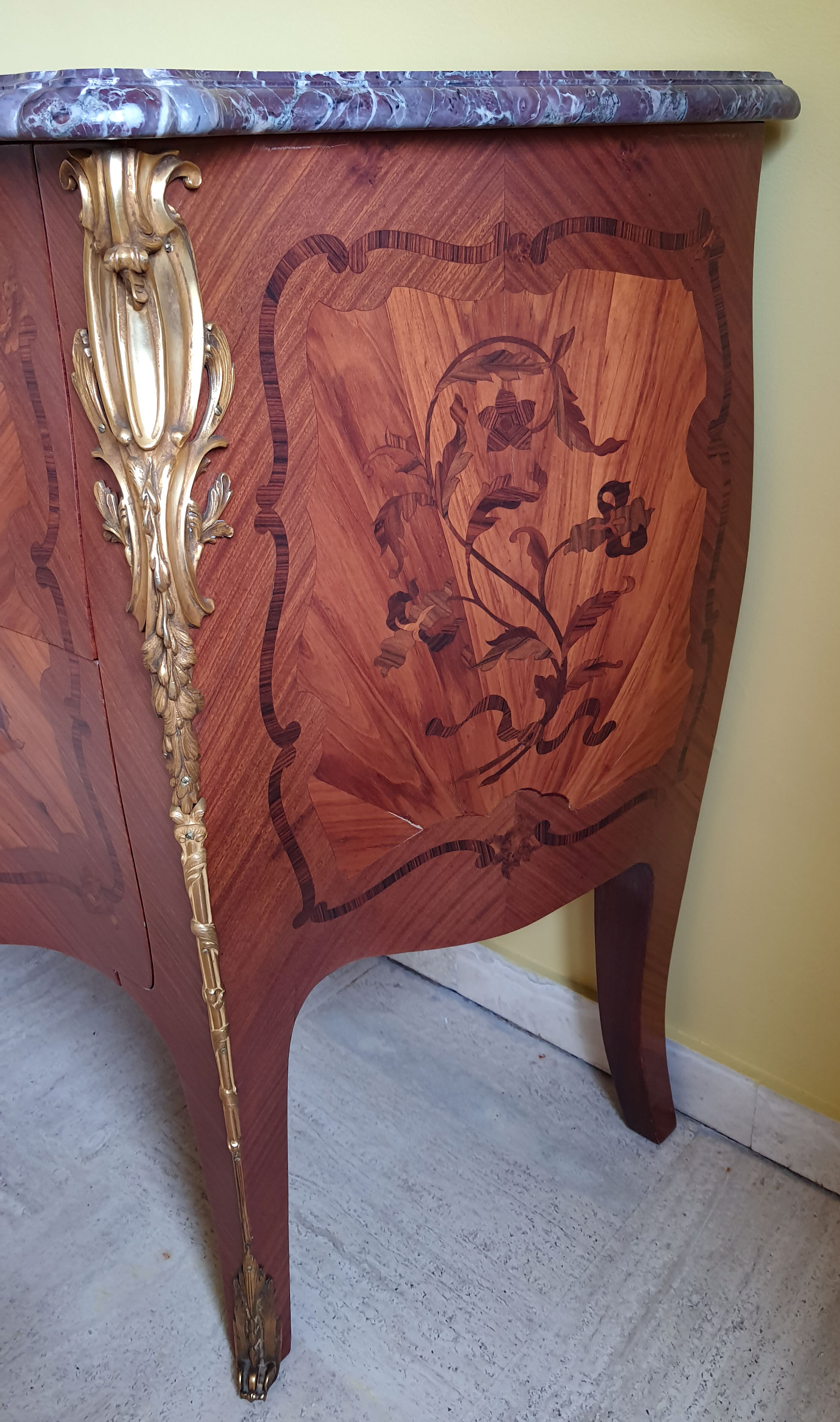 Louis XV chest of drawers marquetry and purple breccia marble