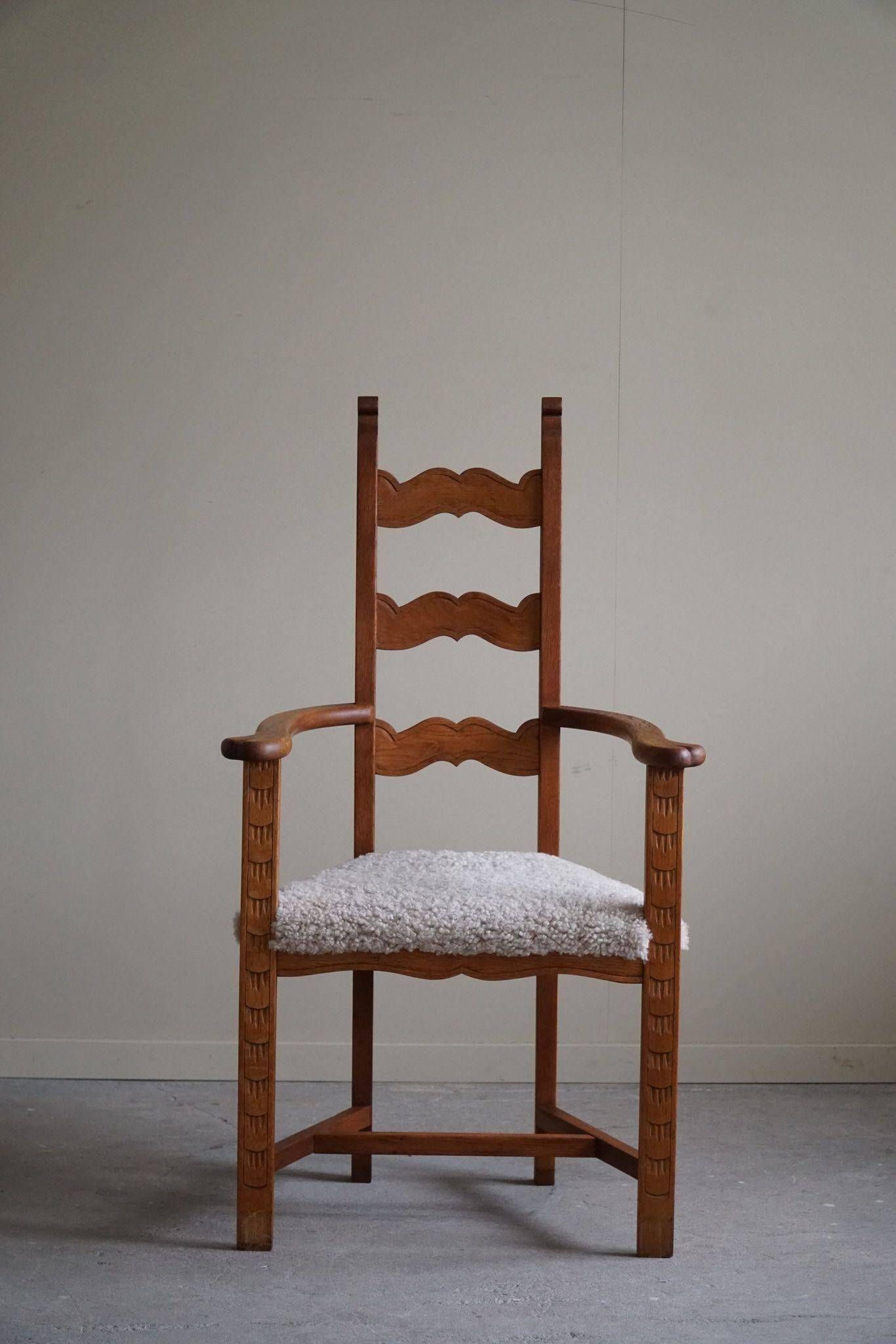 Classic Oak Armchair with Lambswool Upholstery, Mid-Century Danish, 1950s