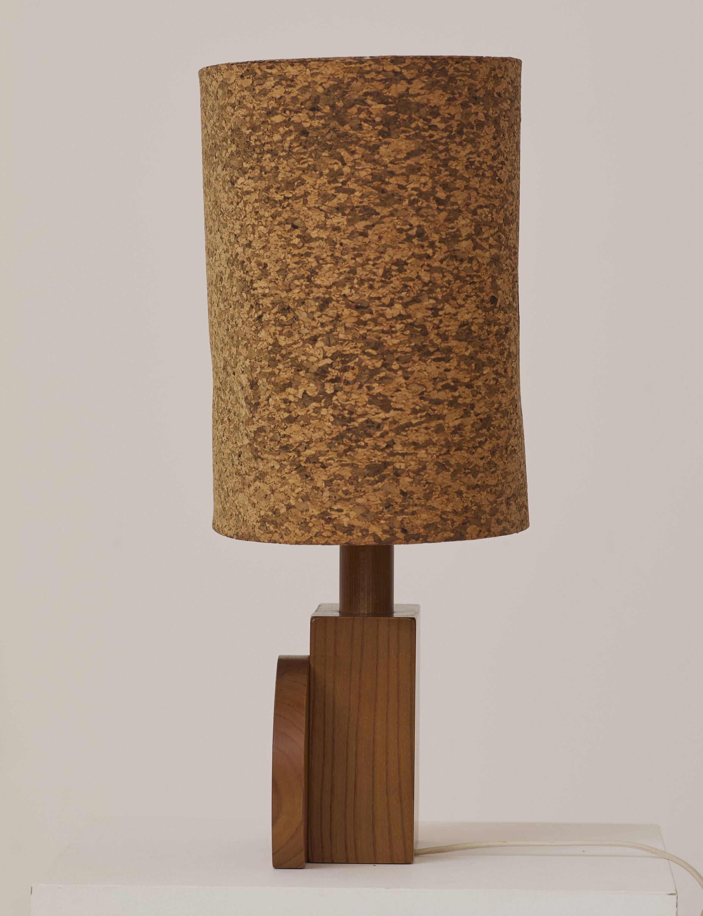 Pair of handcrafted lamps in solid oak with cork shades, circa 1970