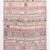 Tapis kilim ancien pastel, teintes délavées rose & vert, charme bohème,