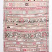 Tapis kilim ancien pastel, teintes délavées rose & vert, charme bohème,