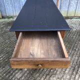 Antique oak farmhouse table with cat bar and 2 end drawers