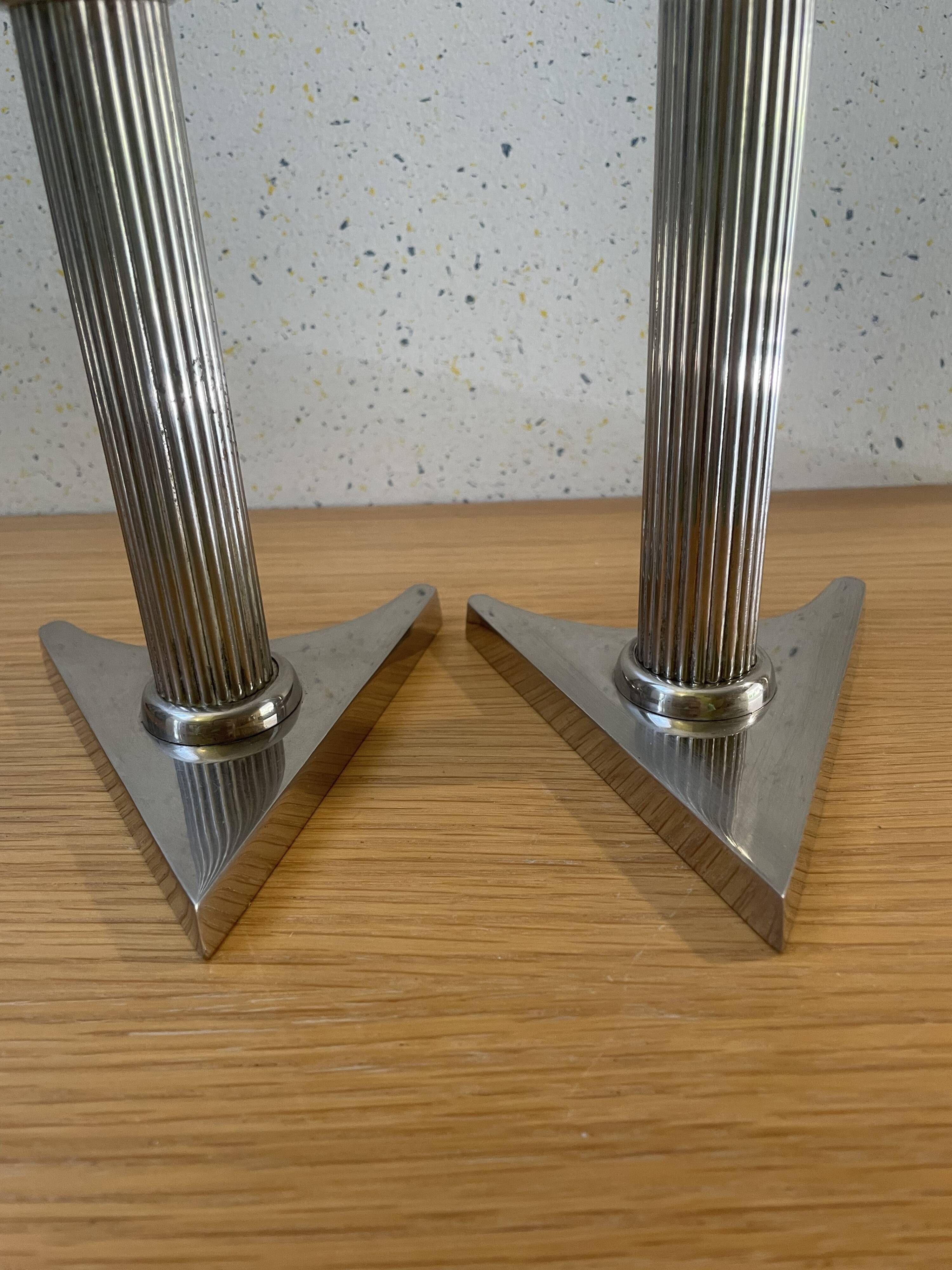 Art Deco candle holders, silver-plated cast iron.
