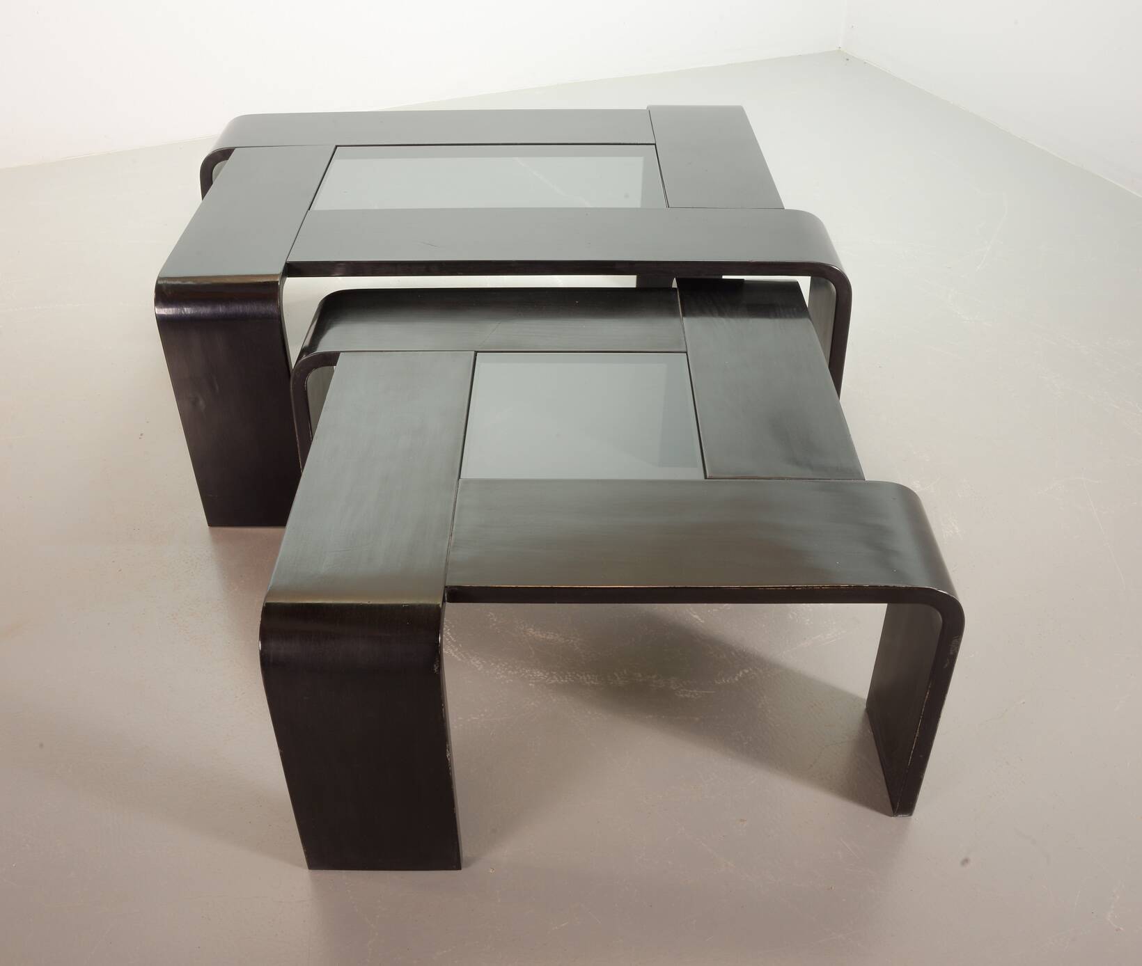 Rectangle Black Lacquered Plywood Coffee Table with Smoked Glass Panel 70s