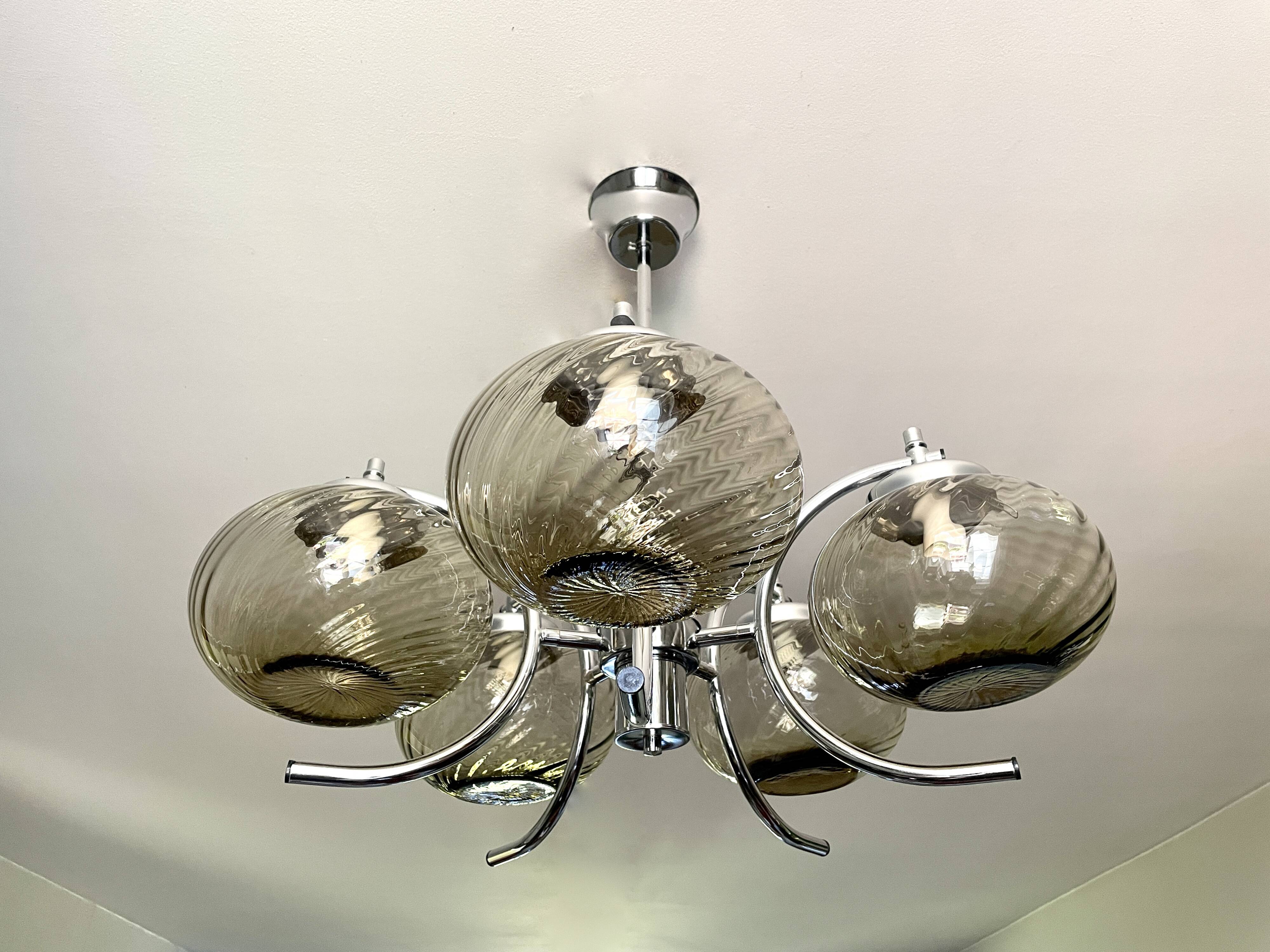 Large chrome and smoked glass chandelier 1970