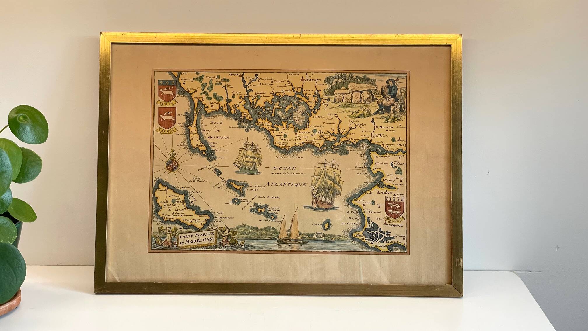 Vintage Atlantic Ocean Marine Map Gold Leaf Frame
