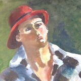 Medium format painting Portrait " Man in hat " Painting on isorel panel