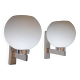 Pair of vintage wall lights - Chrome and glass - 1970s