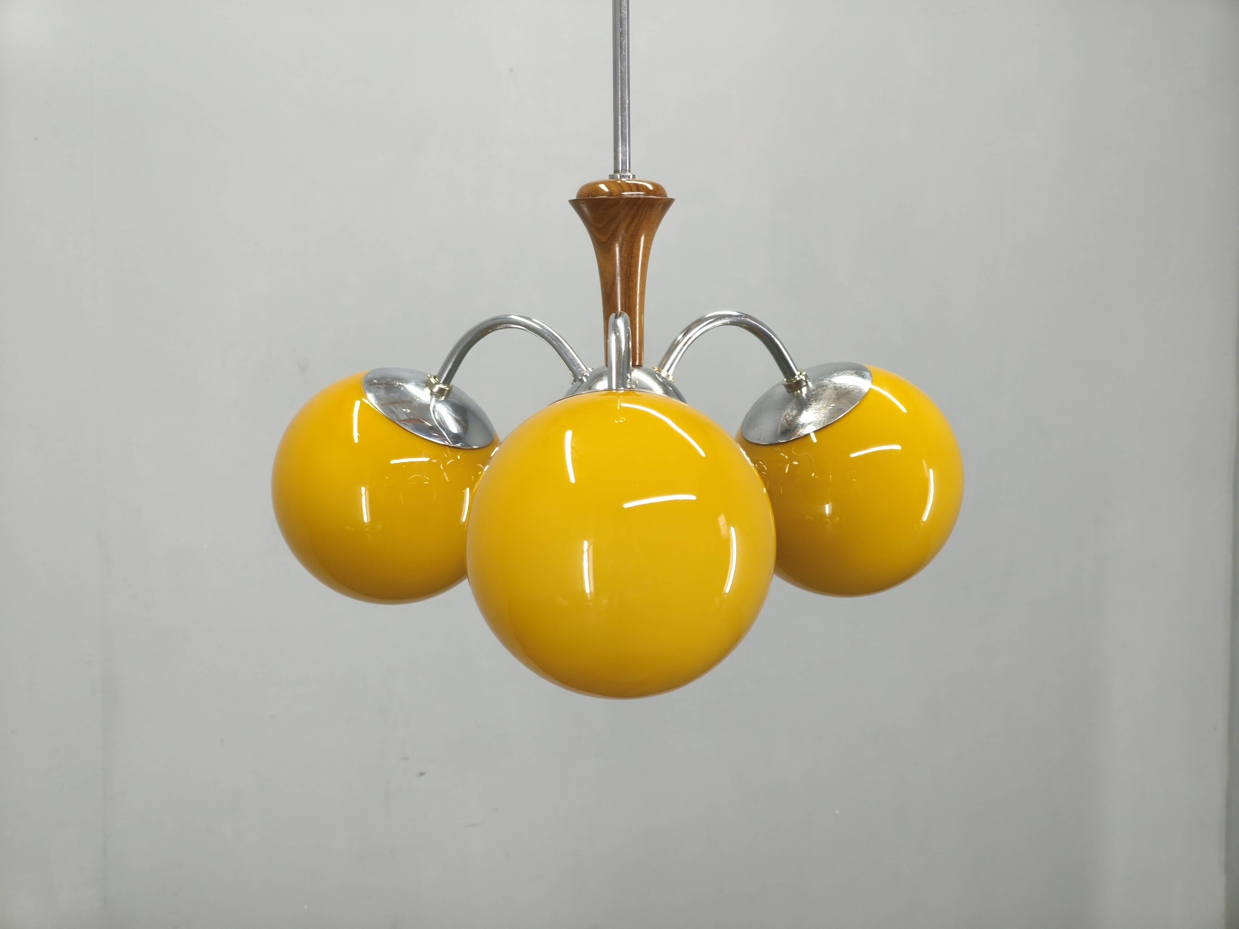 Bauhaus Chandelier with Colored Glass Globes, Czechoslovakia, 1930s