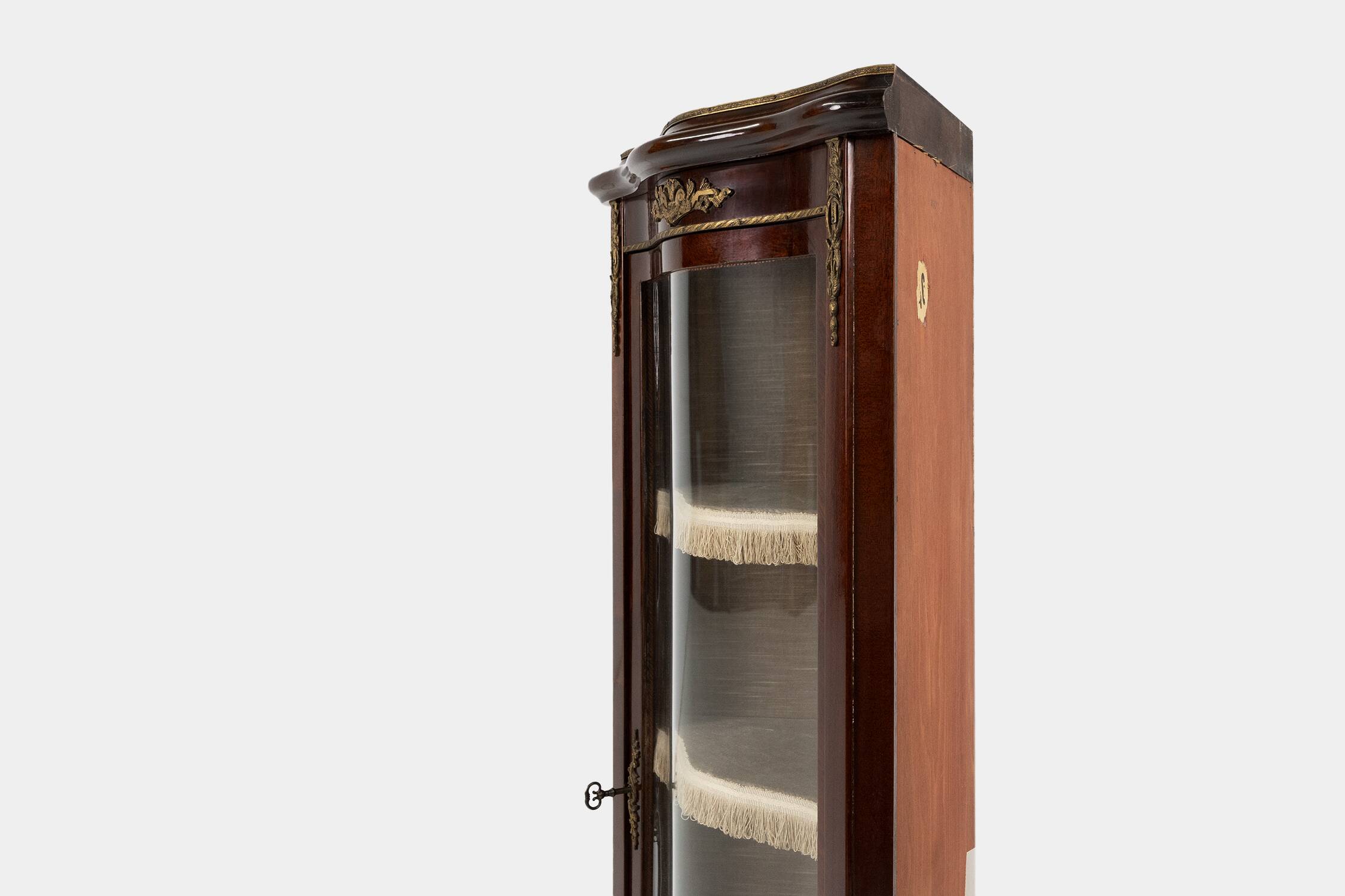 20th Century French Louis XV style corner display cabinet with arched glass, ca 1950