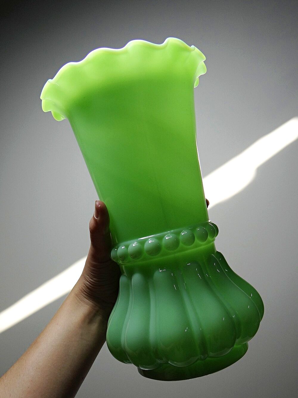 Large antique jade green opaline crystal vase, circa 1900-1930.