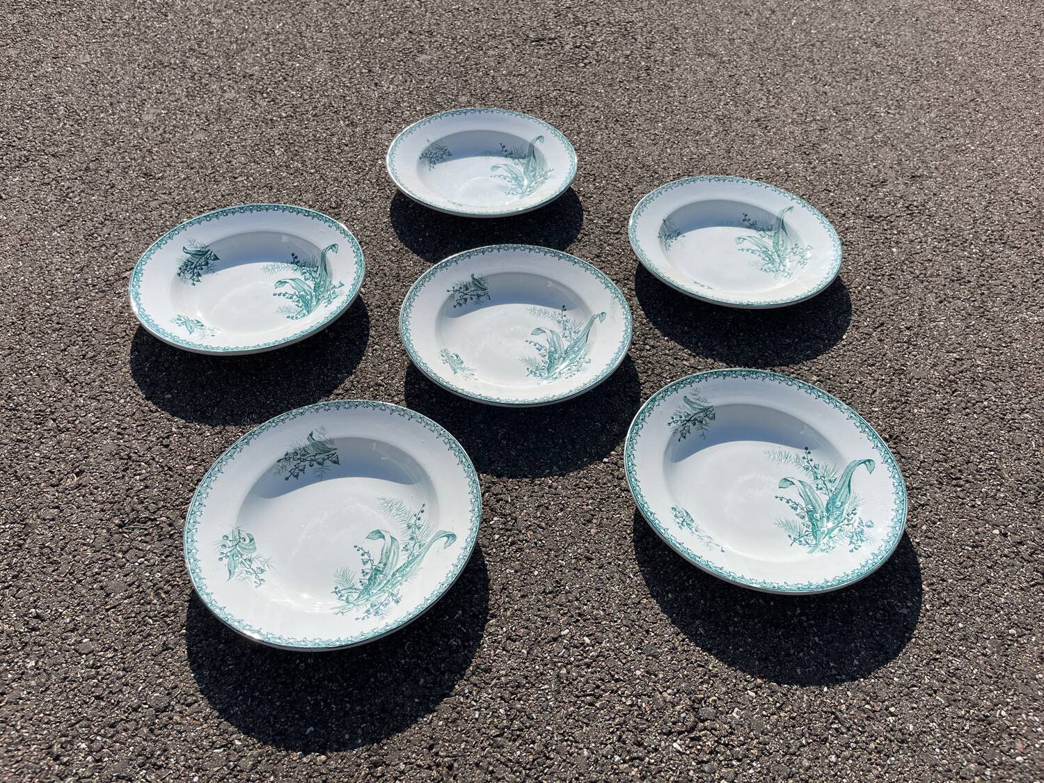Set of 6 old Sainte Amandinoise earthenware plates with lily of the valley decor