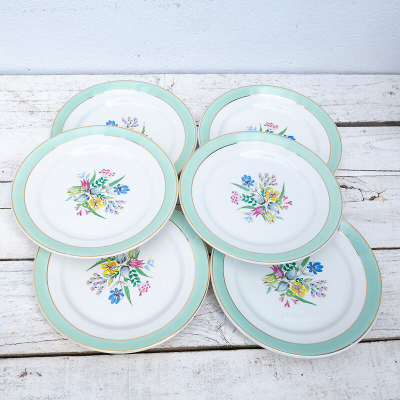 6 dessert plates Badonviller flower pattern and green and golden headband