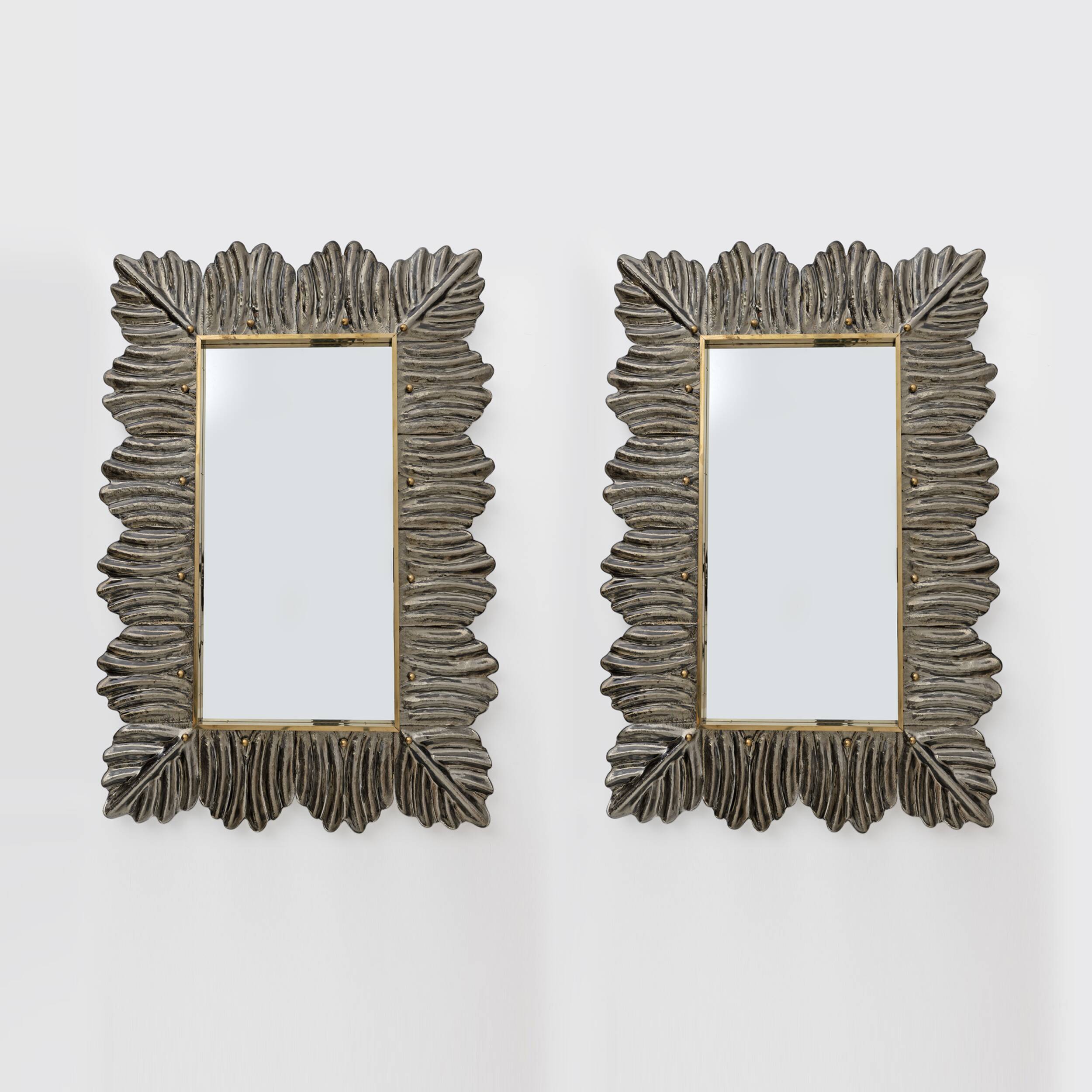 Pair of Mid Century Modern Italian Brass and Leaf Murano Glass Wall Mirrors