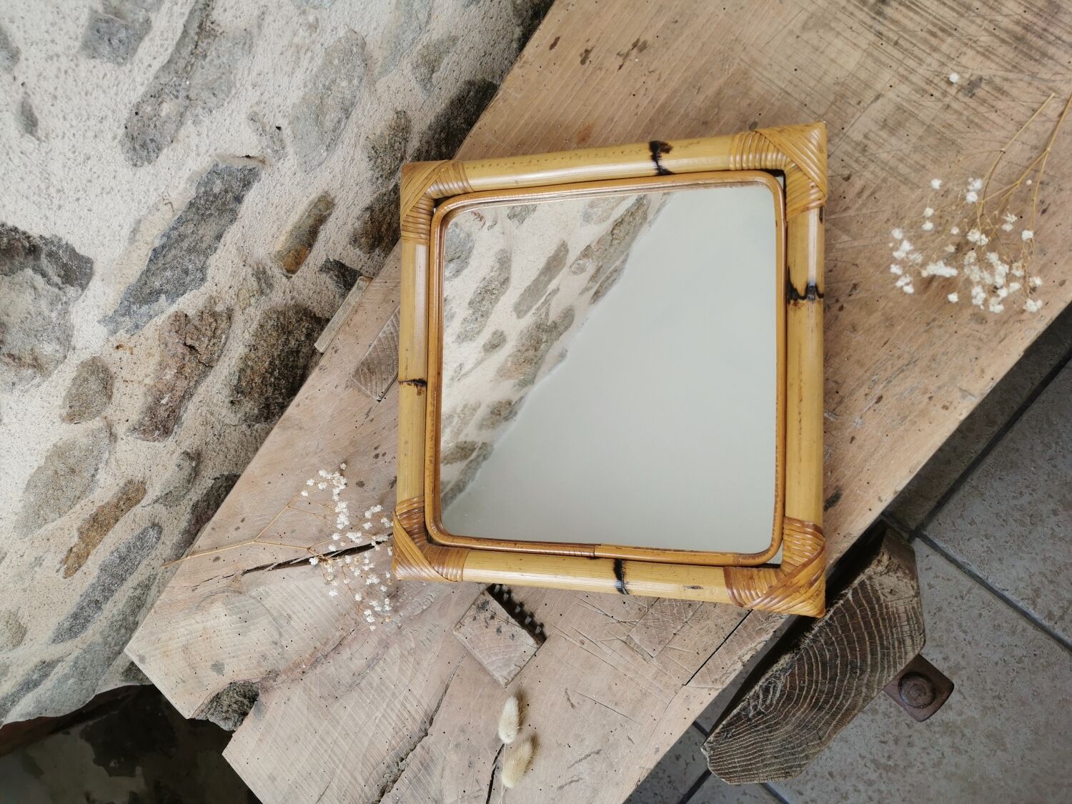 Miroir en bambou et rotin