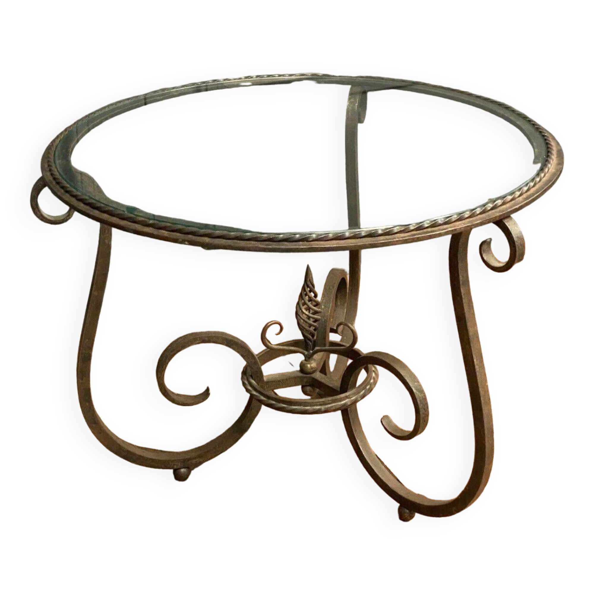 Ironwork pedestal table 1930 Art Deco glass top