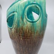 Accolay vase signed J C in brown and blue ceramic, France, vintage design 1960.