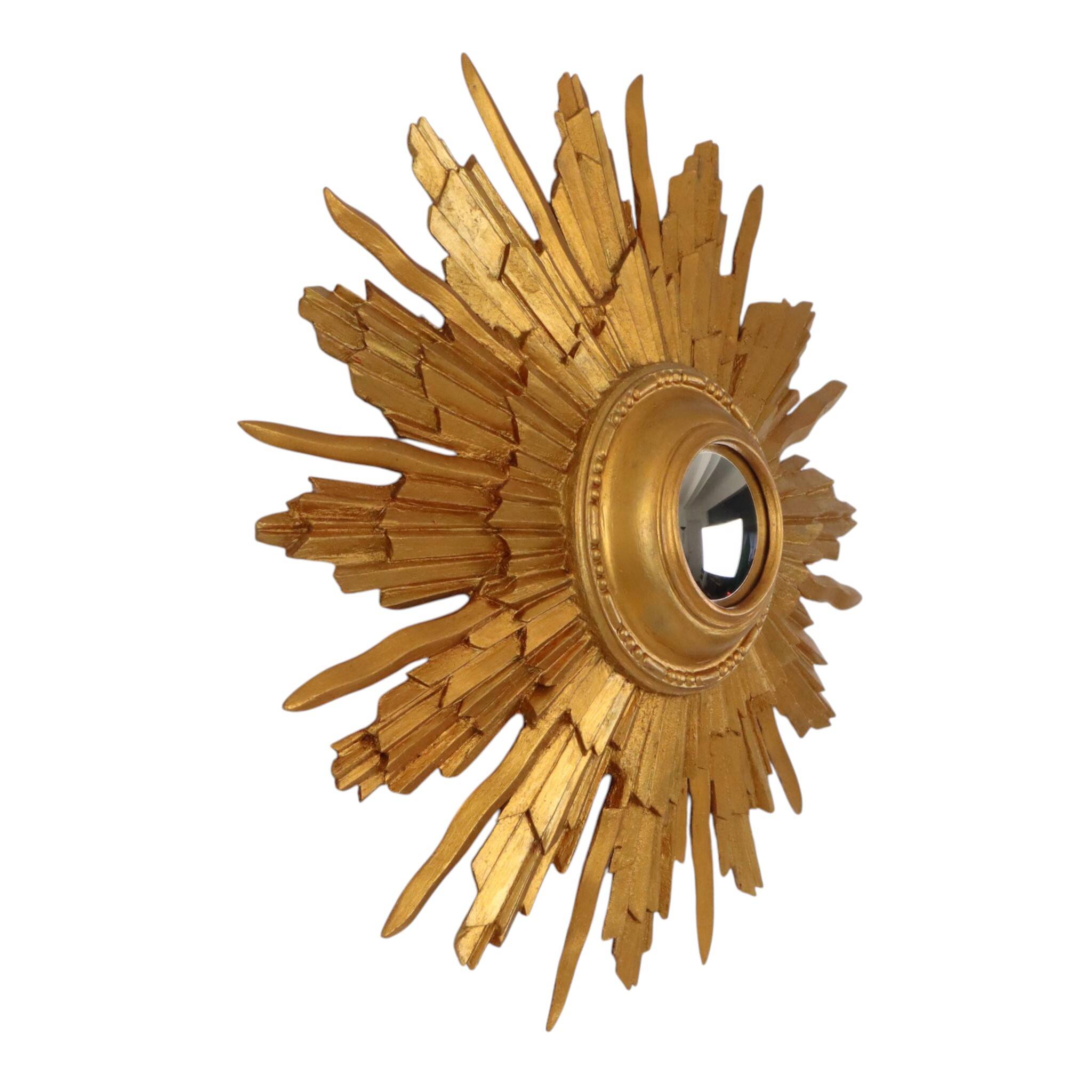 Vintage Wooden Sunburst Convex Mirror, Gold, 46cm