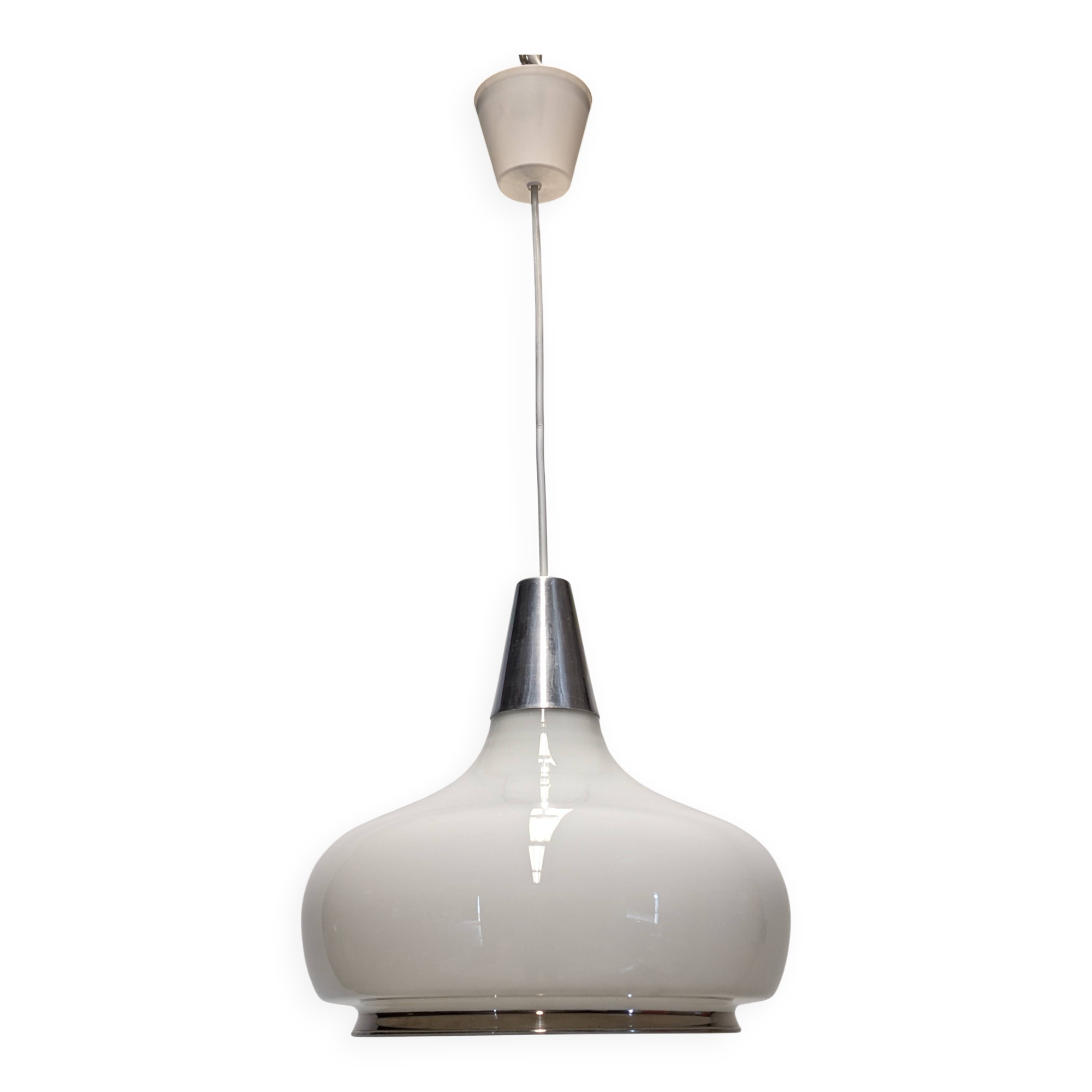 Water drop pendant light Space age in white opaline, France circa 1970.