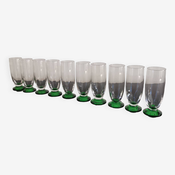 10 green stemmed glass champagne flutes from the 1930s