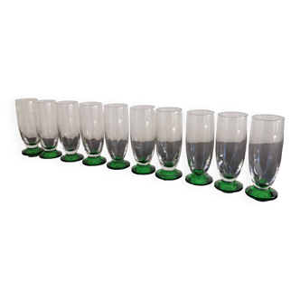 10 green stemmed glass champagne flutes from the 1930s