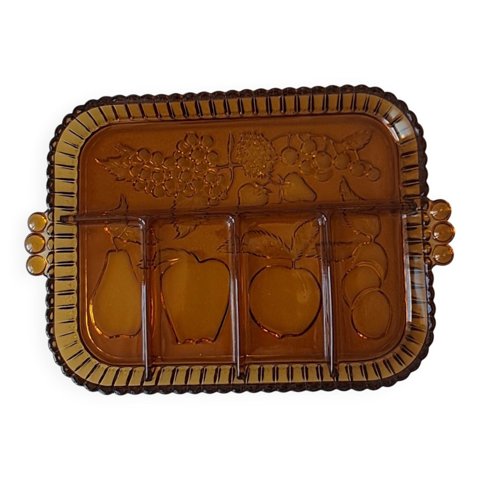 Plateau à compartiments. Verre ambré.  Années 70